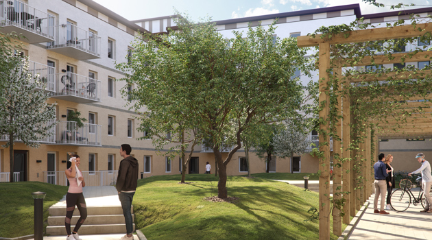 Innergård med träd, pergola och människor som samtalar mellan bostadshus.