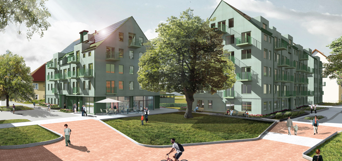 Illustration av grön fasad från innergård och grönska