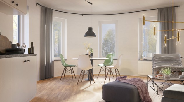 Illustration av matplats med rundade väggar och stora fönsterpartier