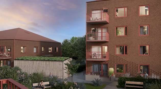 Illustratration av huset från balkongvy, över innergården med folk i rörelse